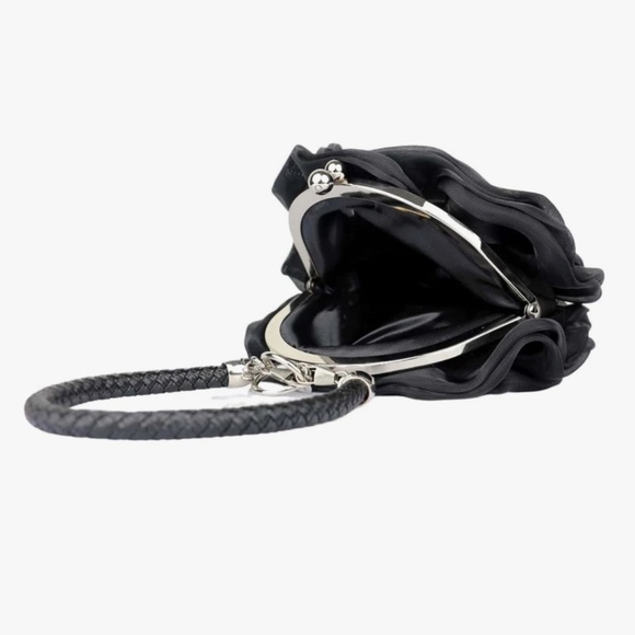 Black Satine Rose Flower Clutch Handbag with Removeable Strap - Picture 2 of 5